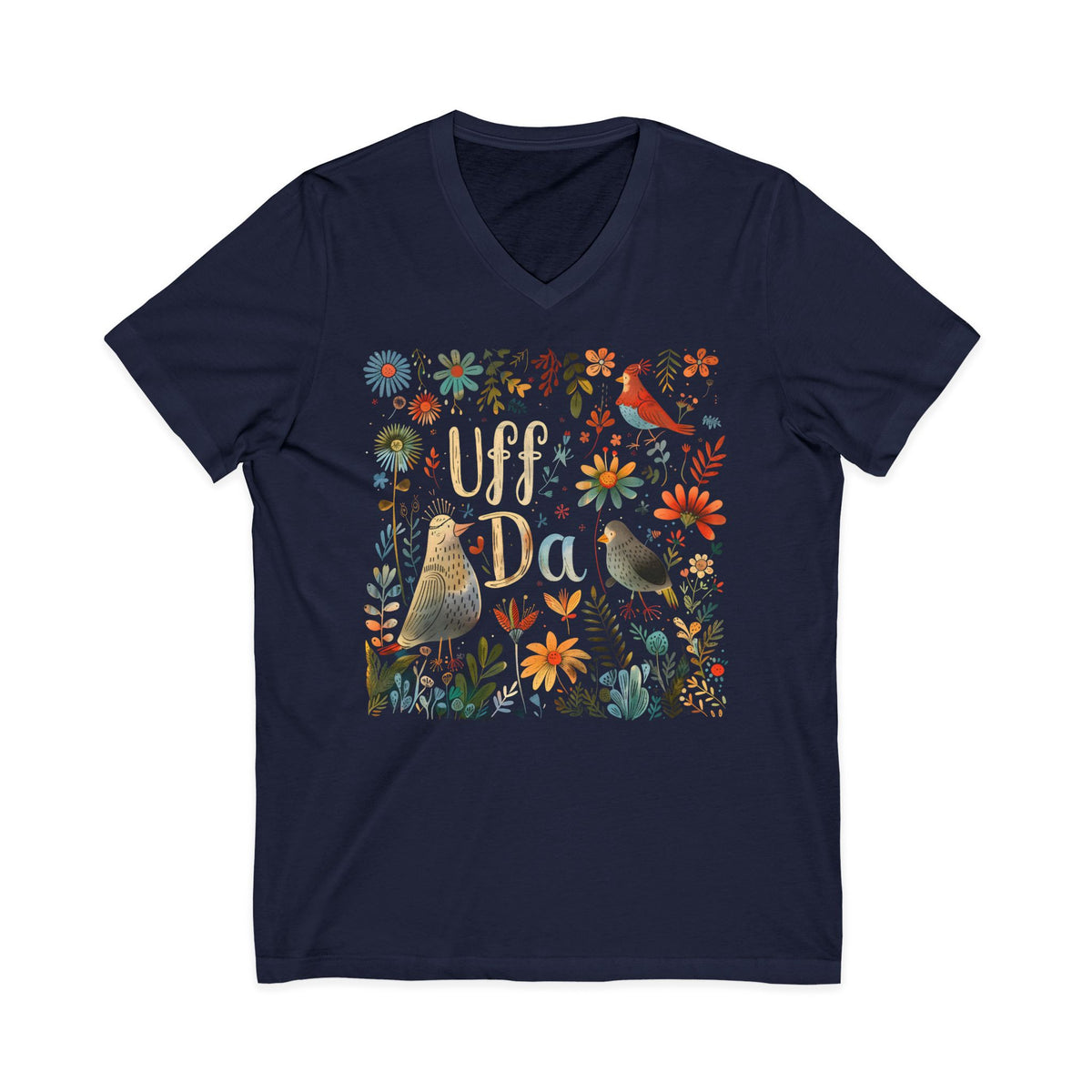 Uff Da Scandi V-neck TShirt | Nordic Folk Art Birds Shirt | Boho Floral Gift | Unisex Jersey V-neck T-shirt