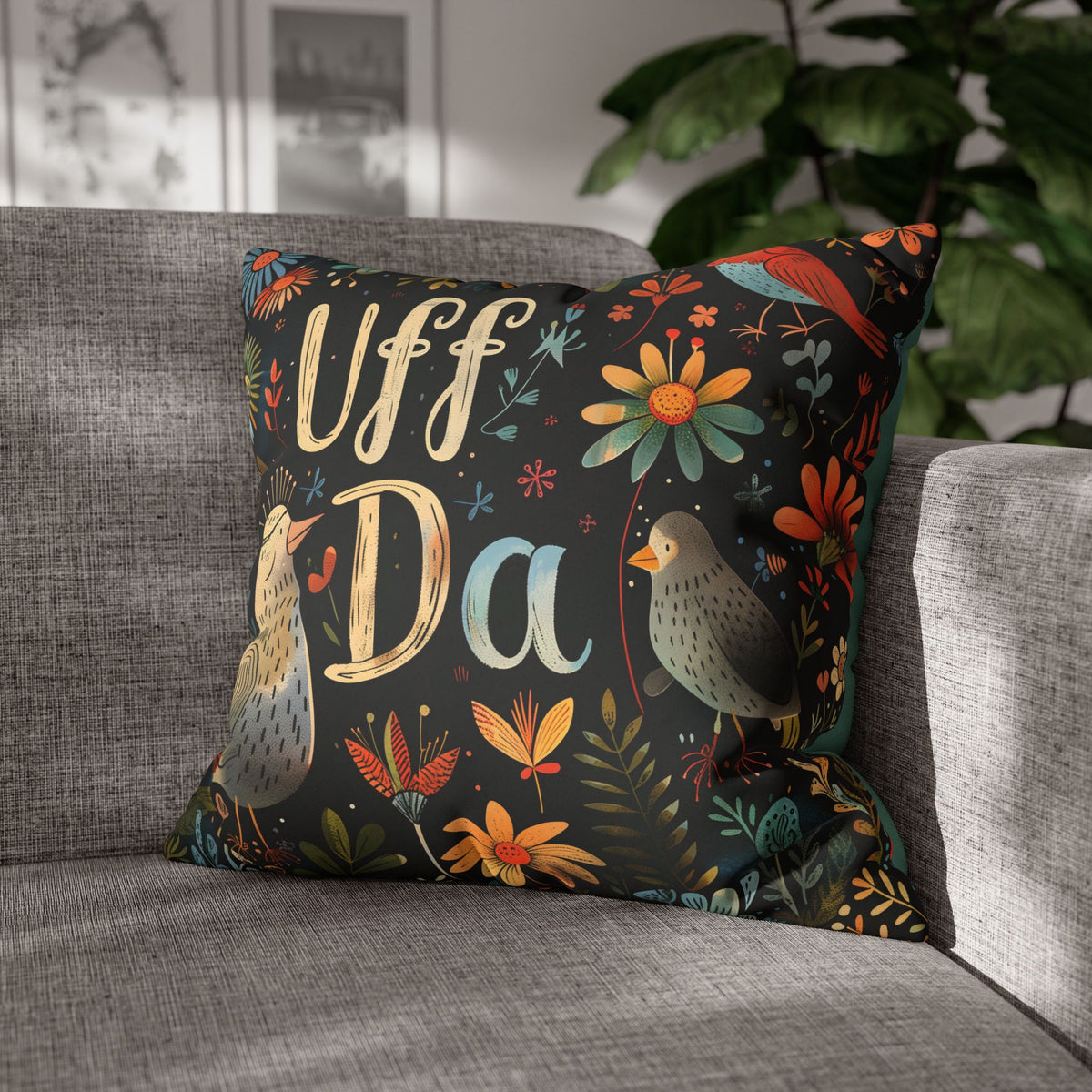 Uff Da Scandi Sueded Throw Pillow Case | Nordic Folk Art Birds Pillow | Farmhouse Decor