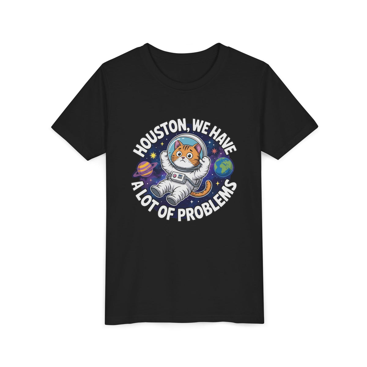 Funny Astronaut Cat Youth Shirt | Houston We Have Problems Kids T-shirt | Cat Lover Gift | Nerdy Space Tee
