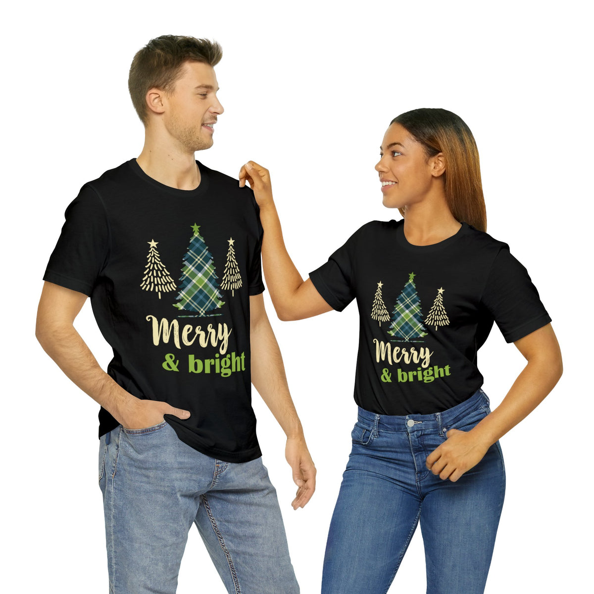 Merry & Bright Christmas Tree Plaid Shirt | Cute Christmas Gift | Unisex Jersey T-shirt