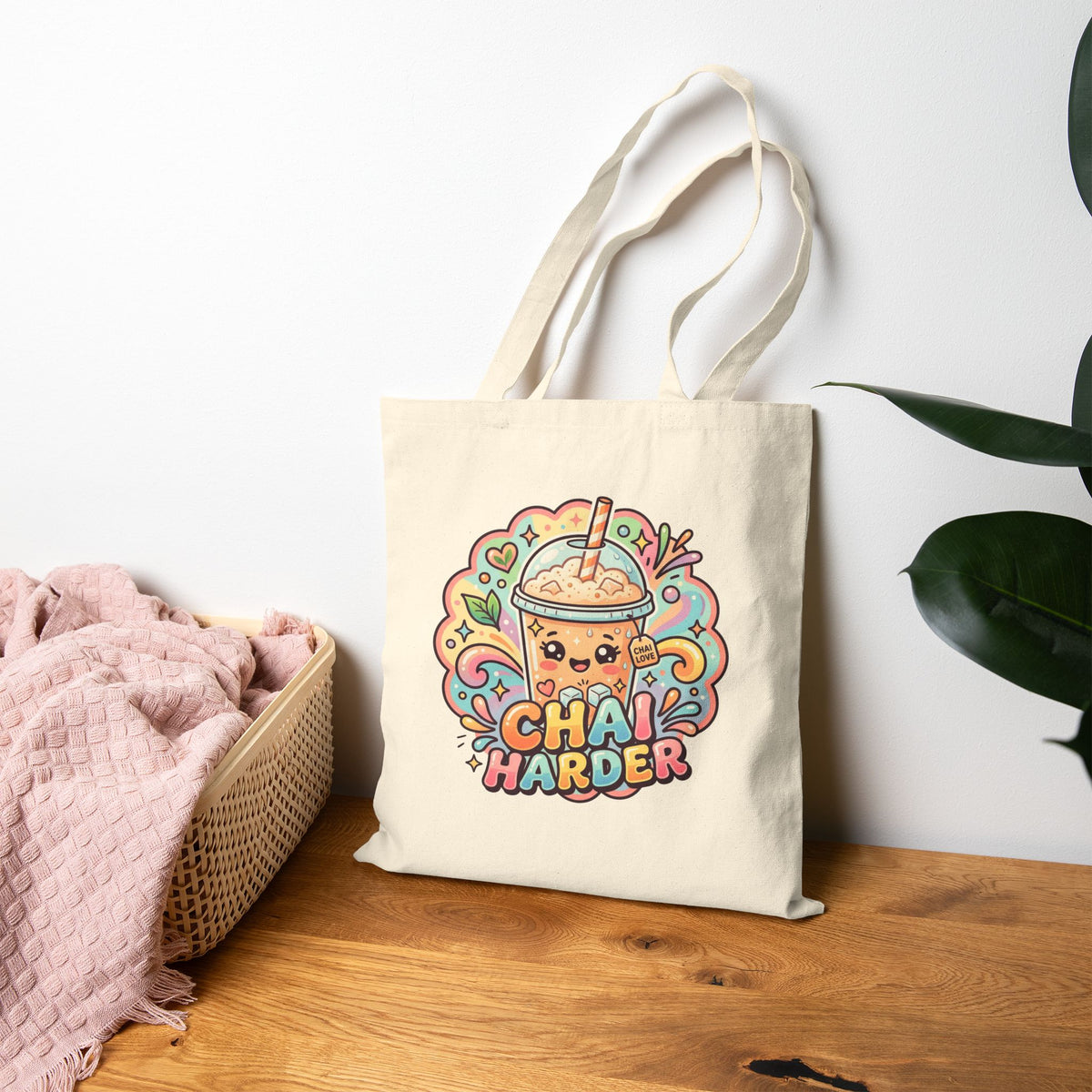 Chai Harder Cotton Canvas Tote | Kawaii Iced Chai Latte Book Bag | Chai Tea Lover Desi Vibes Gift Bag