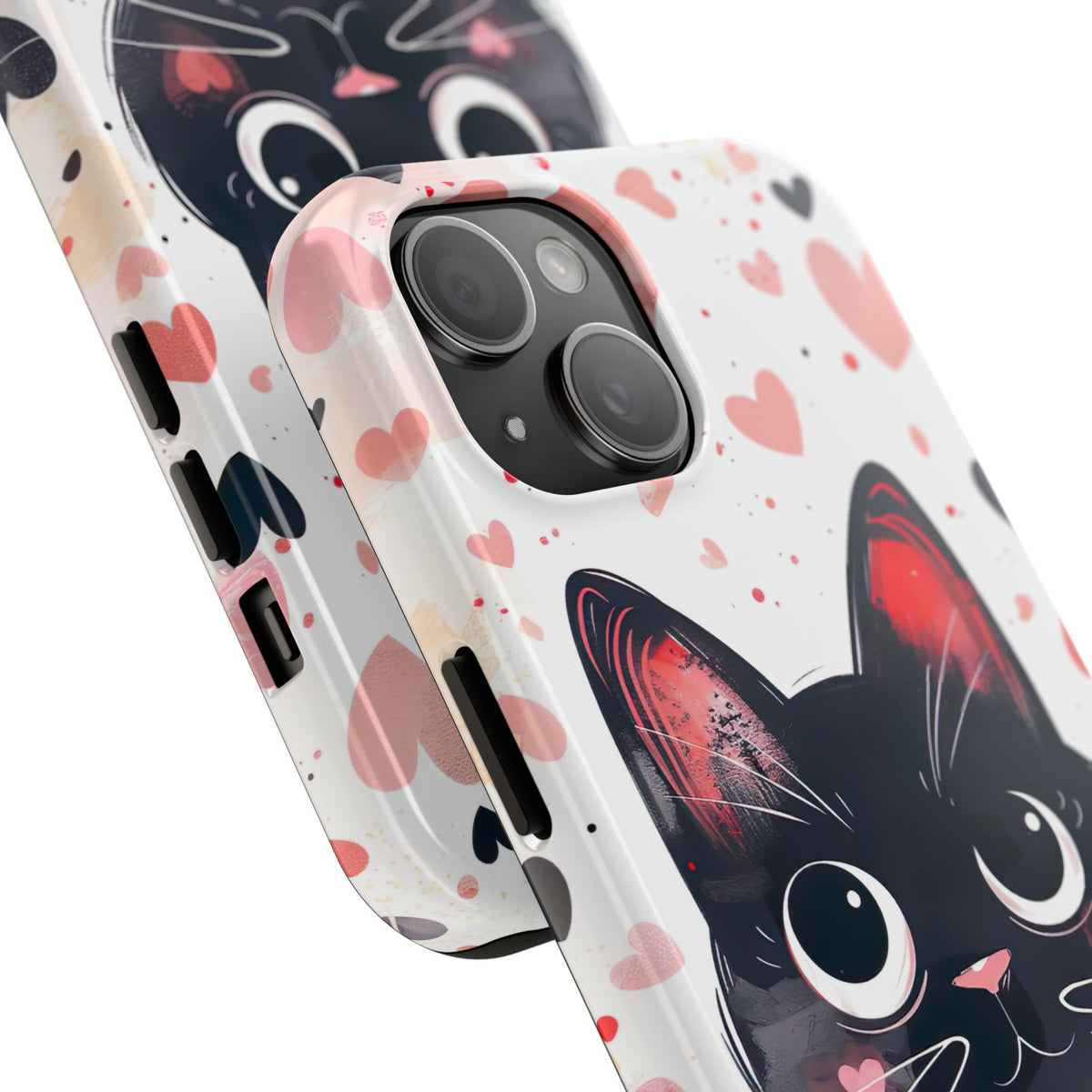 Cute Black Cat Valentine iPhone Case | Pink Heart Tough Phone Case | Kawaii Cat Lover Gift