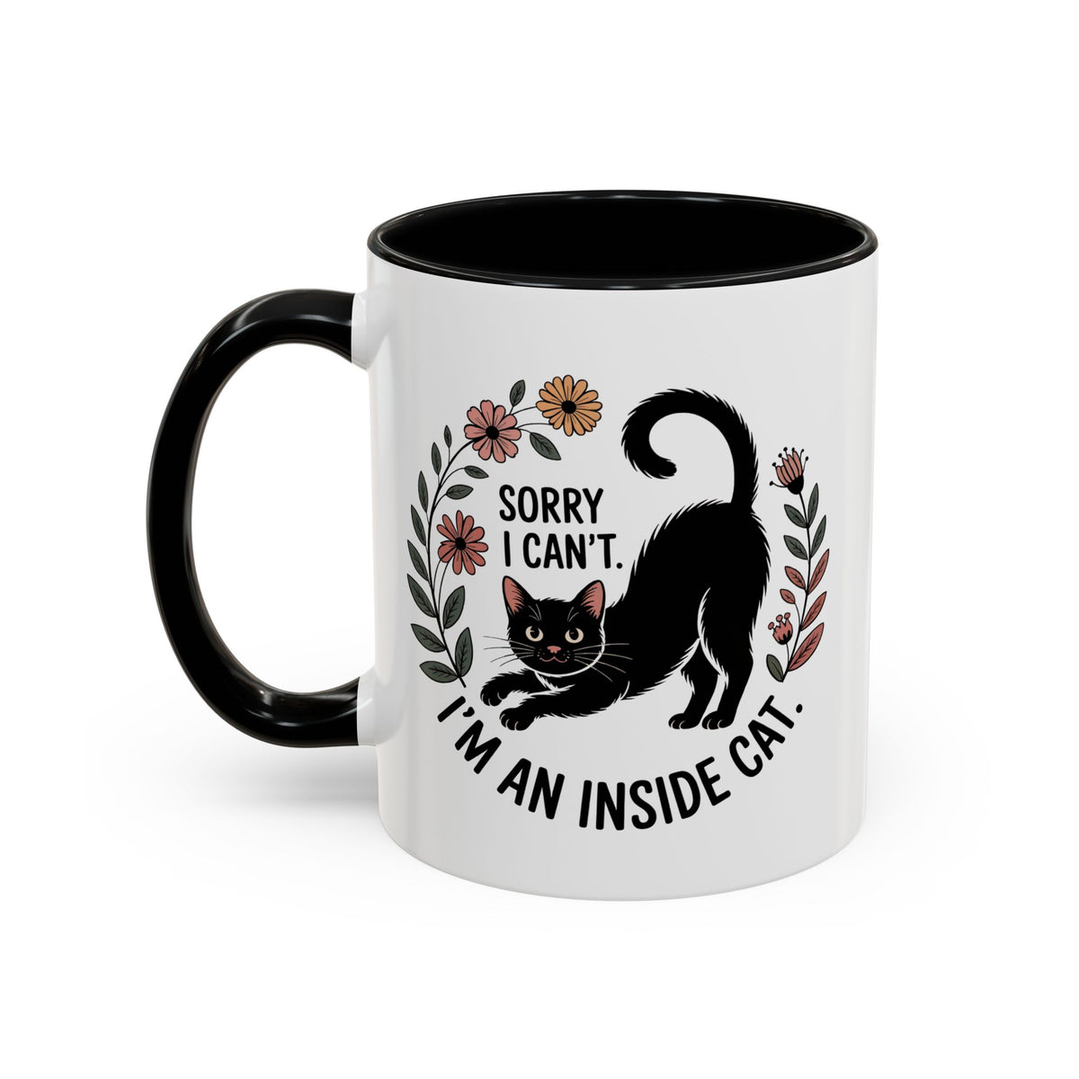 Indoor Cat Ceramic Coffee Mug | Accent Color Black Cat Cup | Sorry I Can't I'm an Indoor Cat |  Cat Lover Gift