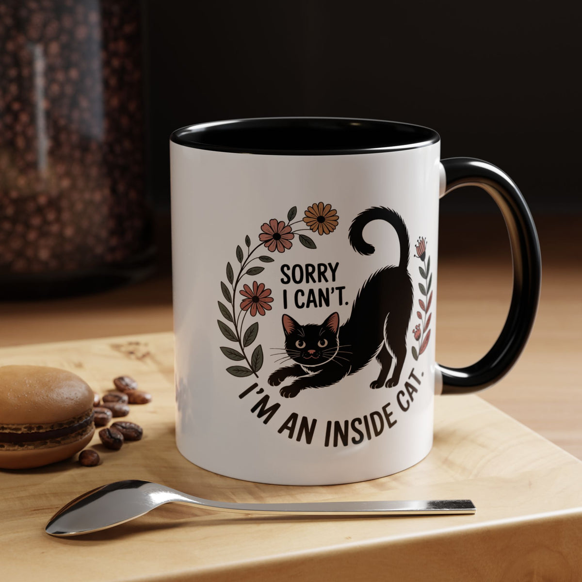 Indoor Cat Ceramic Coffee Mug | Accent Color Black Cat Cup | Sorry I Can't I'm an Indoor Cat |  Cat Lover Gift