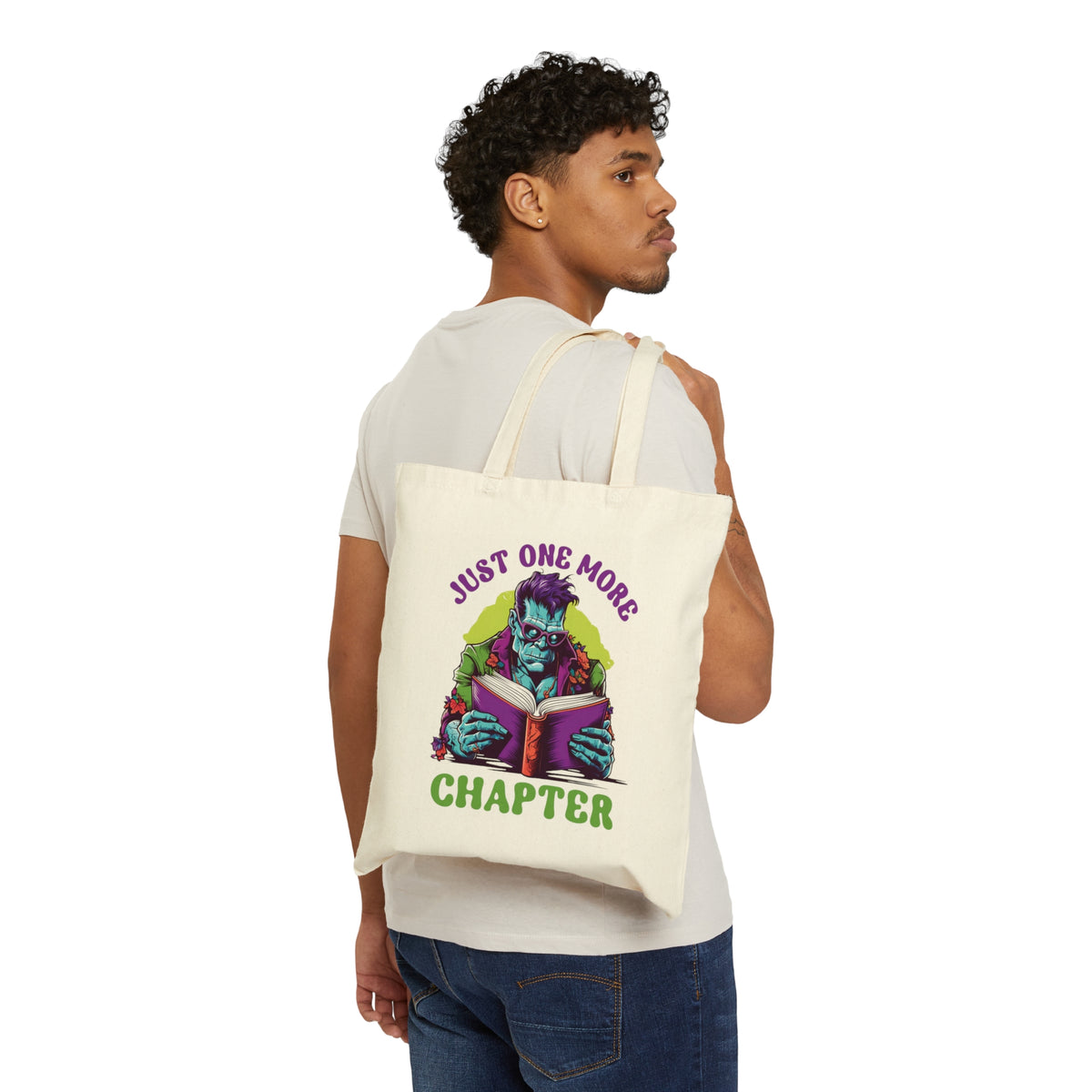 Just One More Chapter Frankenstein Tote | Halloween Book Bag | Book Lover Tote Bag | Book Lover Gift | Cotton Canvas Tote Bag