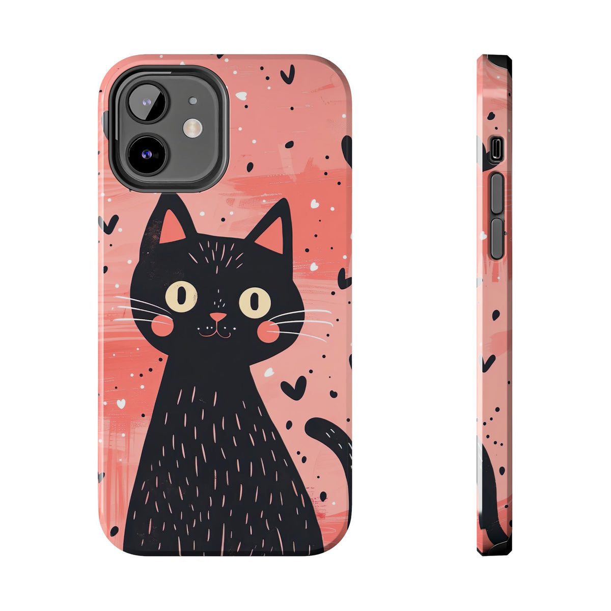 Cute Black Cat Valentine iPhone Case | Pink Heart Tough Phone Case | Kawaii Cat Lover Gift