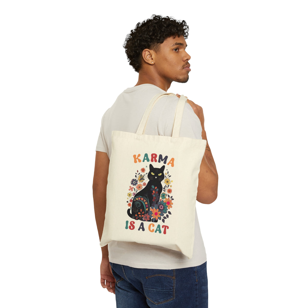 Karma Is a Cat Tote Bag | Funny Cat Shirt | Karma Bag | Mystical Tote | Black Cat Lover Gift | Cotton Canvas Tote Bag