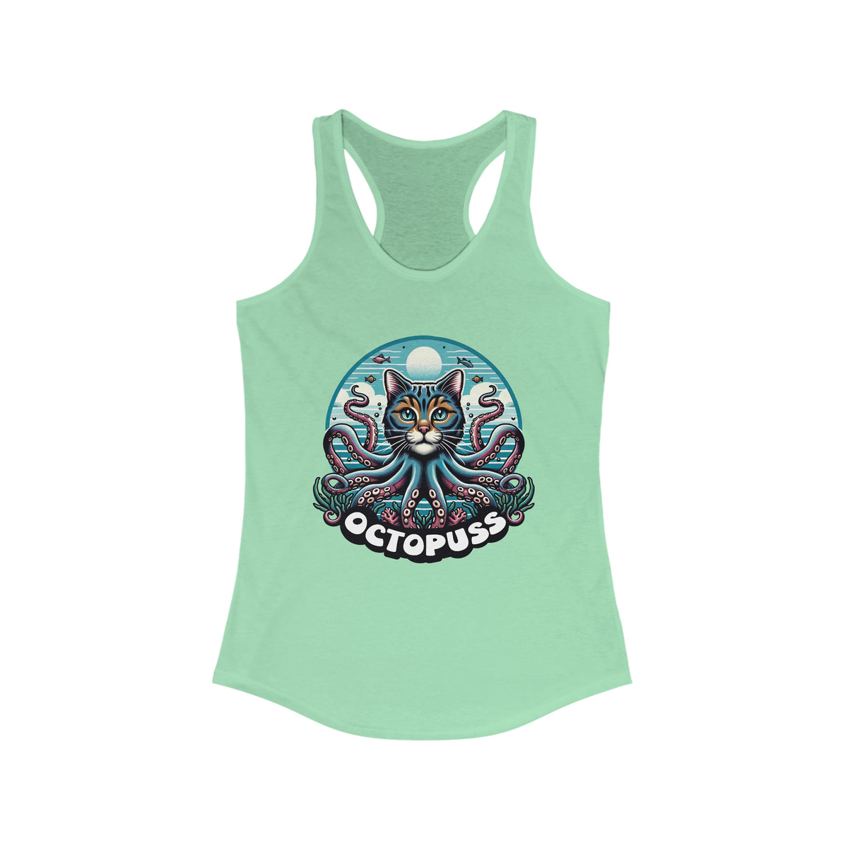 Octopuss Beach Bum Funny Cat Octopus Shirt | Cat Lover Gift | Beach Bum Shirt | Women's Slim-fit Racerback Tank Top