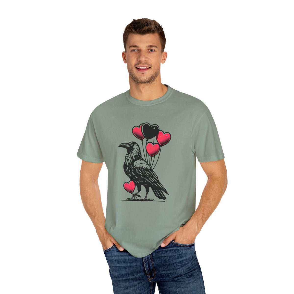 Crow Heart Balloons Valentines Day Shirt | Cute Crow Bird Lover Gift | Unisex Garment-Dyed T-shirt