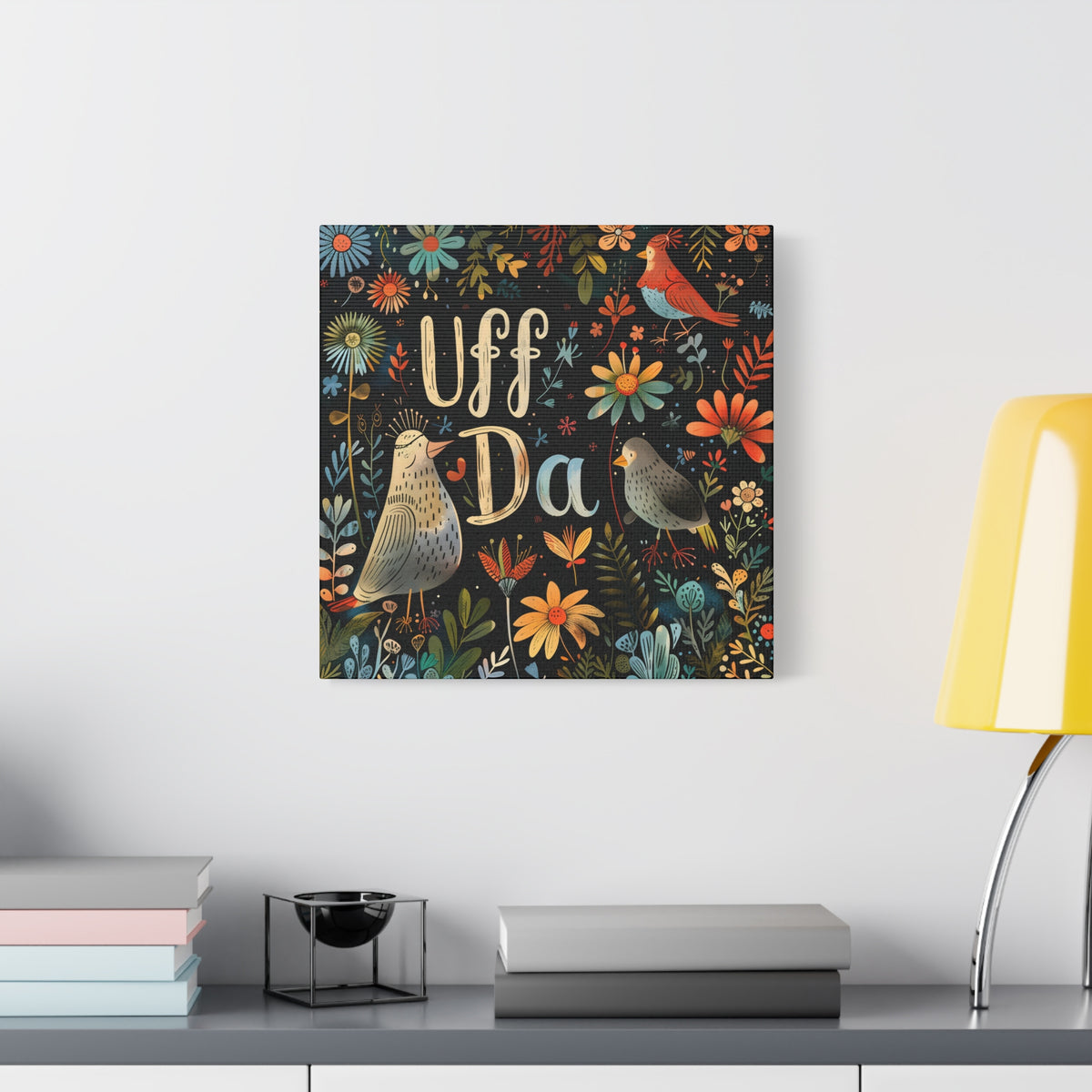 Uff Da Scandi Canvas Wall Art Print | Nordic Folk Art Birds Farmhouse Decor