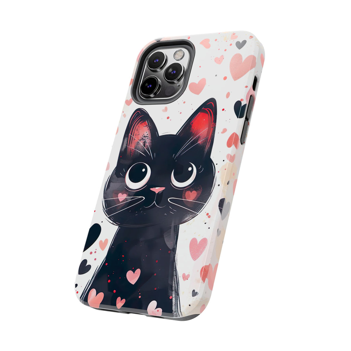Cute Black Cat Valentine iPhone Case | Pink Heart Tough Phone Case | Kawaii Cat Lover Gift