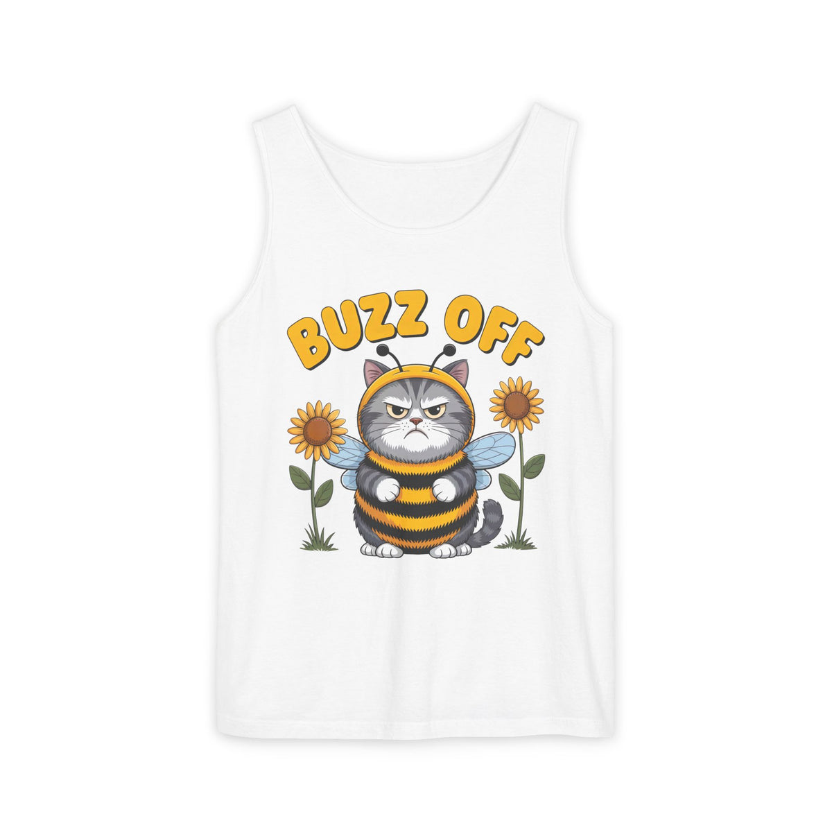 Buzz Off Funny Cat Meme Shirt | Cat Lover Introvert Shirt | Cute Bee Antisocial Shirt | Unisex Garment-Dyed Tank Top