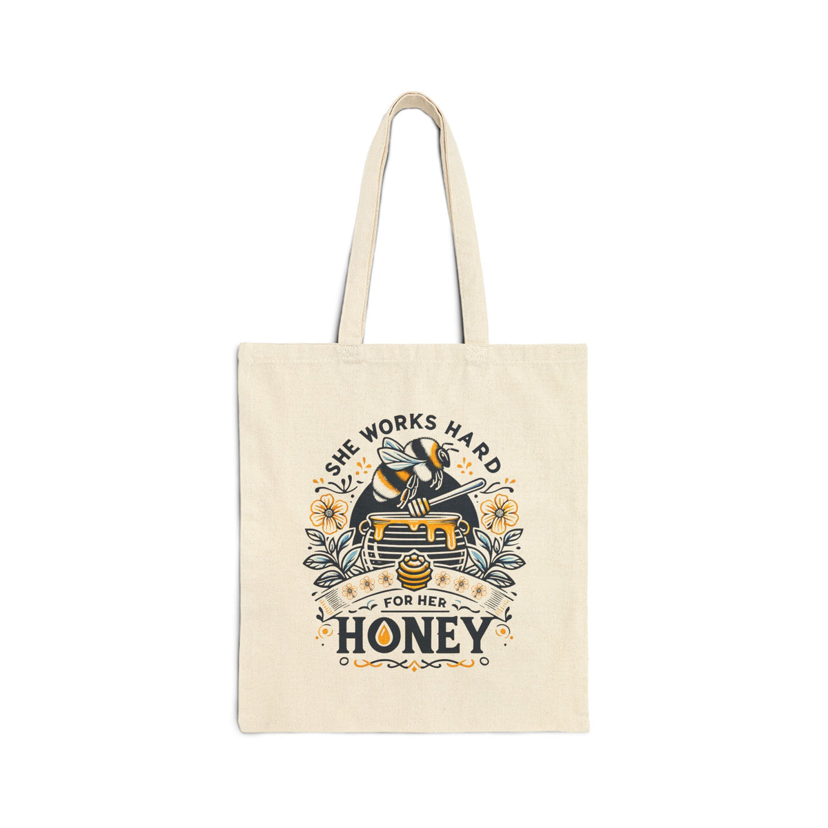 She Works Hard Honey Tote Bag | Honey Bee Gift | Cute Bee Lover Book Bag | Cotton Canvas Tote Bag