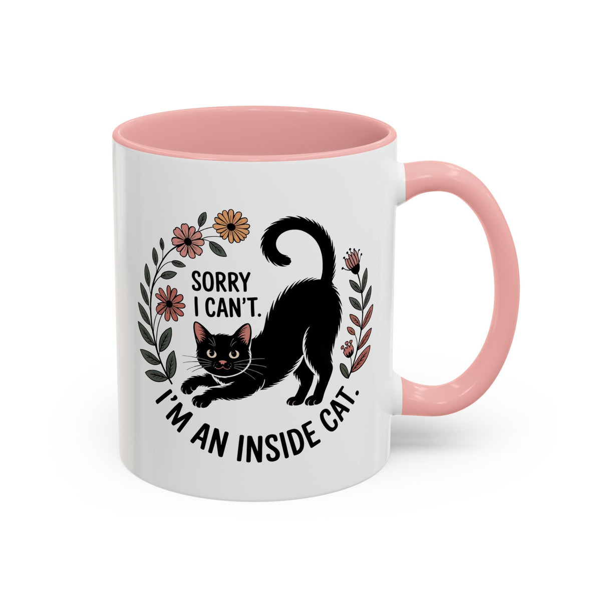Indoor Cat Ceramic Coffee Mug | Accent Color Black Cat Cup | Sorry I Can't I'm an Indoor Cat |  Cat Lover Gift