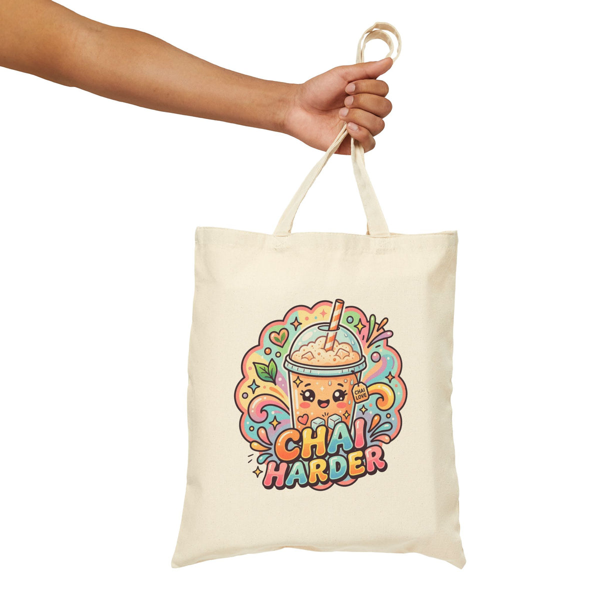 Chai Harder Cotton Canvas Tote | Kawaii Iced Chai Latte Book Bag | Chai Tea Lover Desi Vibes Gift Bag