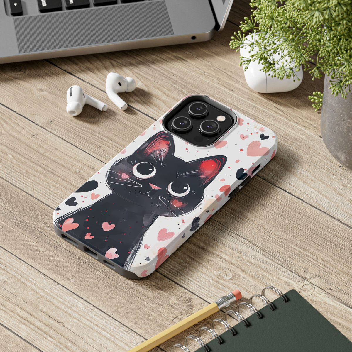Cute Black Cat Valentine iPhone Case | Pink Heart Tough Phone Case | Kawaii Cat Lover Gift
