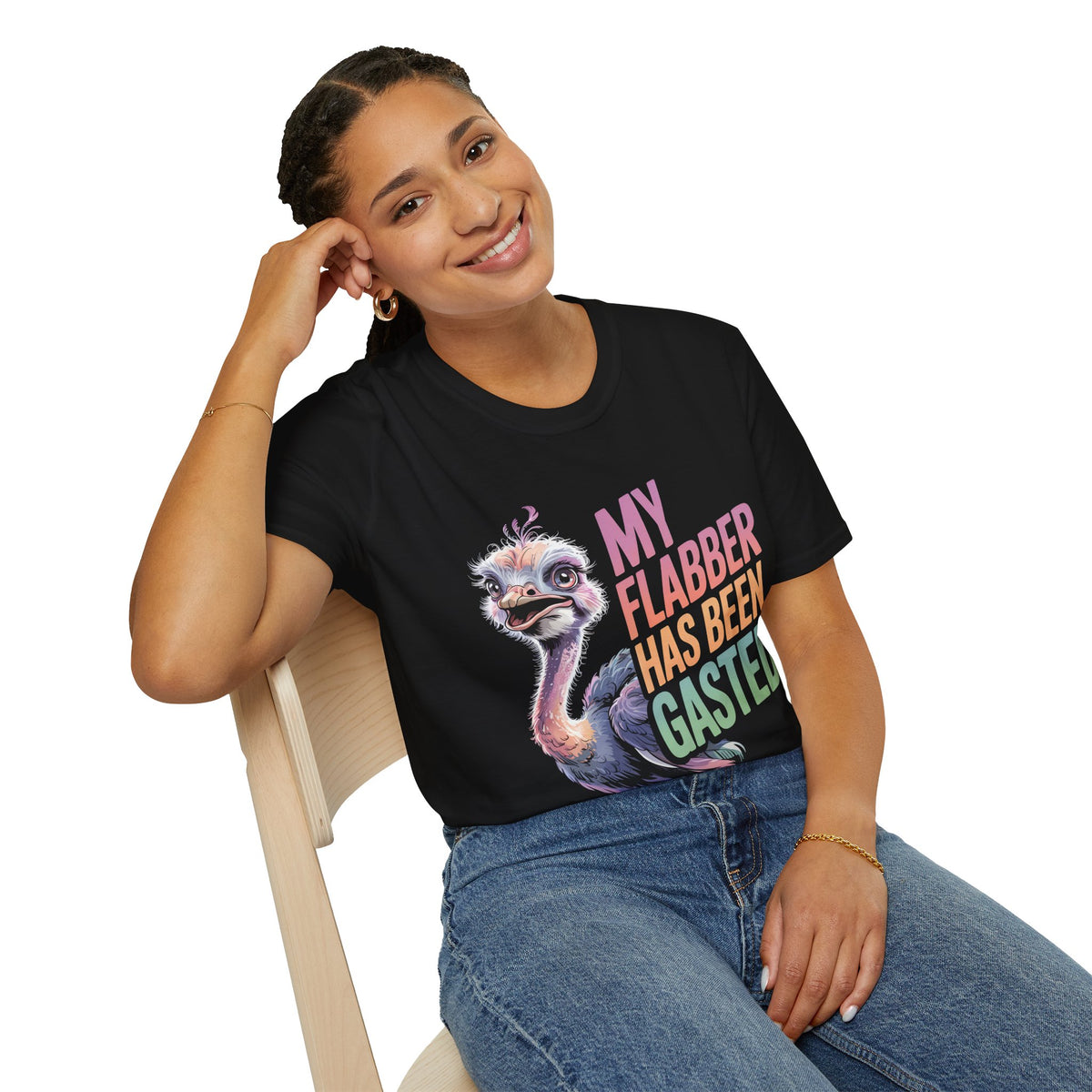 Flabber Has Been Gasted Funny Ostrich Shirt | Flabbergasted Funny Bird Pun Shirt | British Slang | Unisex Soft Style T-shirt