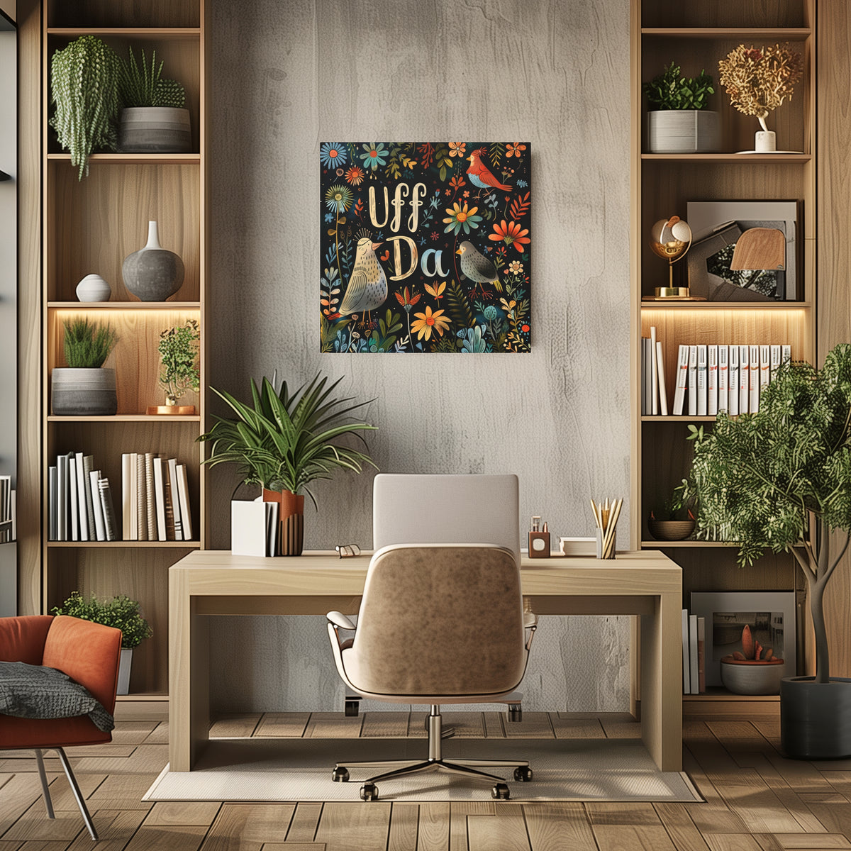 Uff Da Scandi Canvas Wall Art Print | Nordic Folk Art Birds Farmhouse Decor