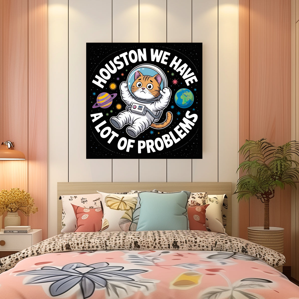 Funny Astronaut Cat Canvas Wall Art | Houston We Have Problems Print | Cat Lover Gift | Nerdy Space Decor