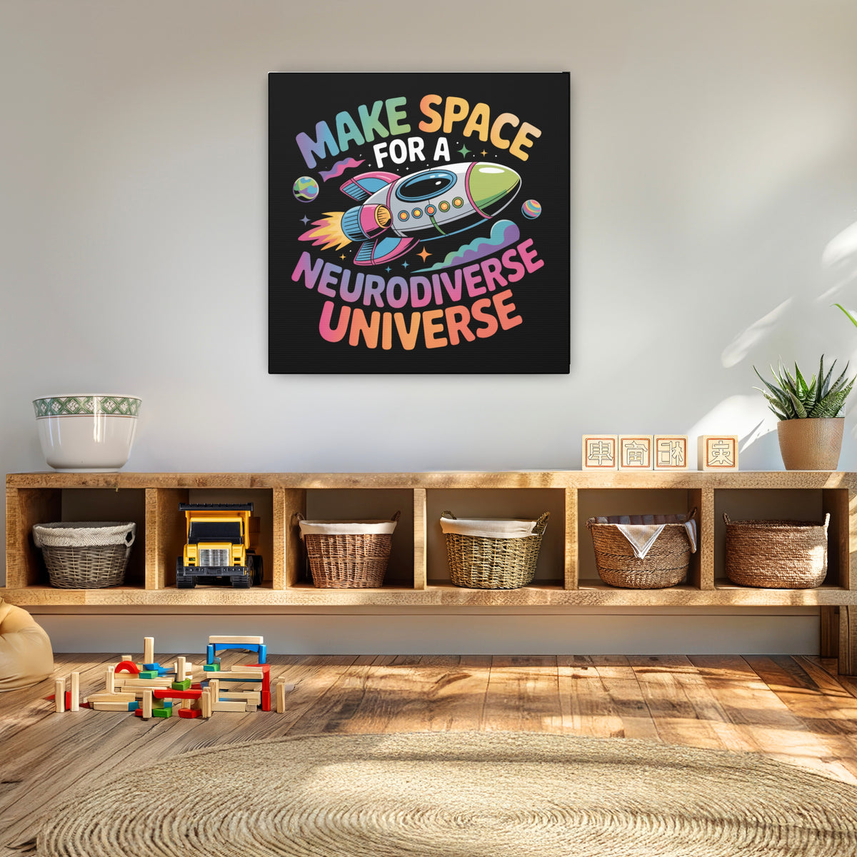 Neurodiverse Universe Canvas Wall Art | Kids Space Rocket Decor | Autism Acceptance Classroom Art