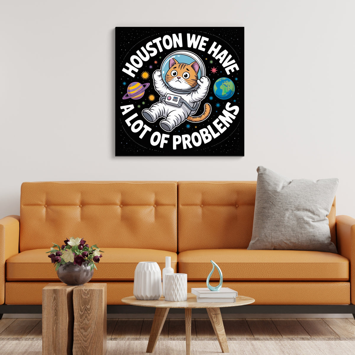 Funny Astronaut Cat Canvas Wall Art | Houston We Have Problems Print | Cat Lover Gift | Nerdy Space Decor