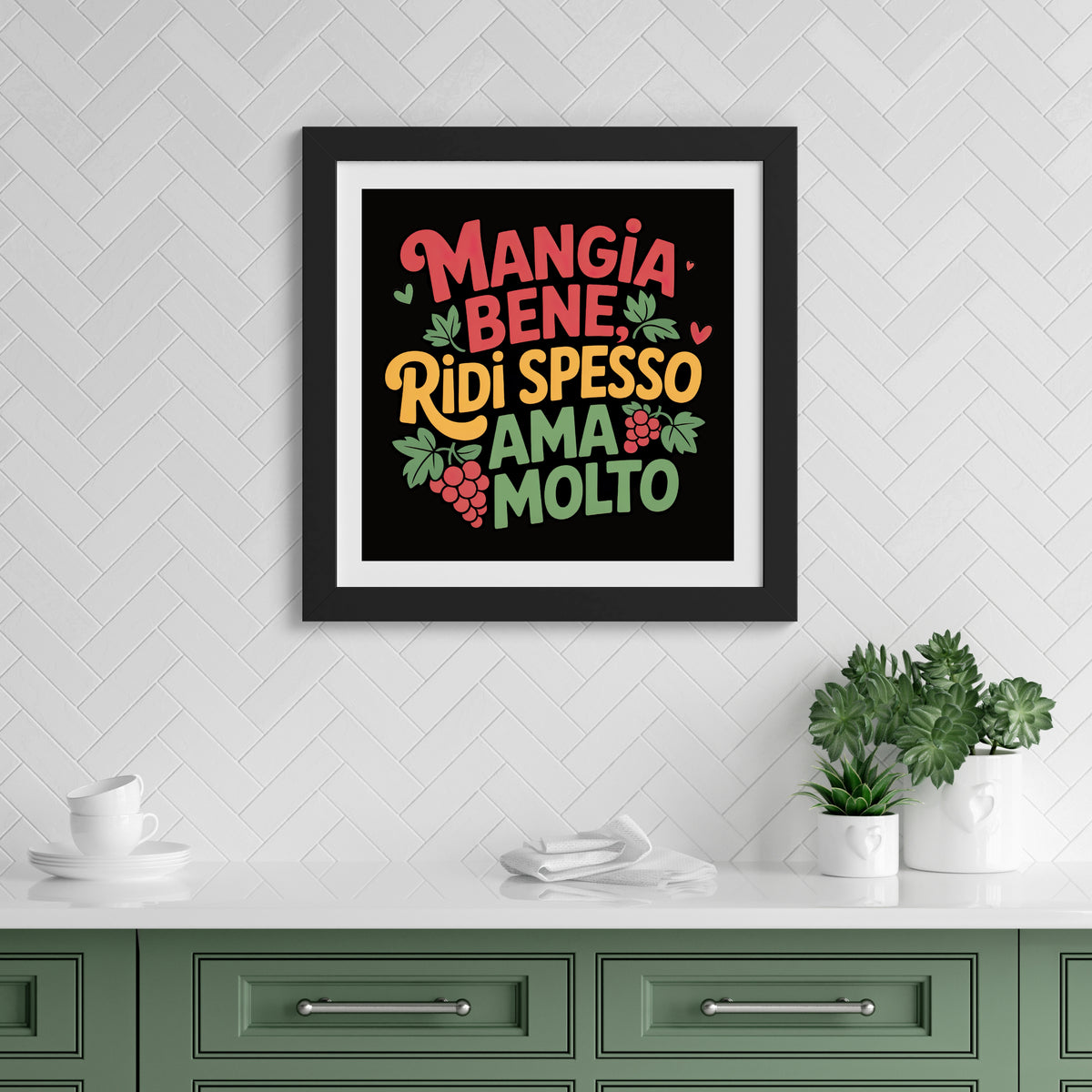 Mangia Bene Italian Saying Wall Art | Black Kitchen Art Print