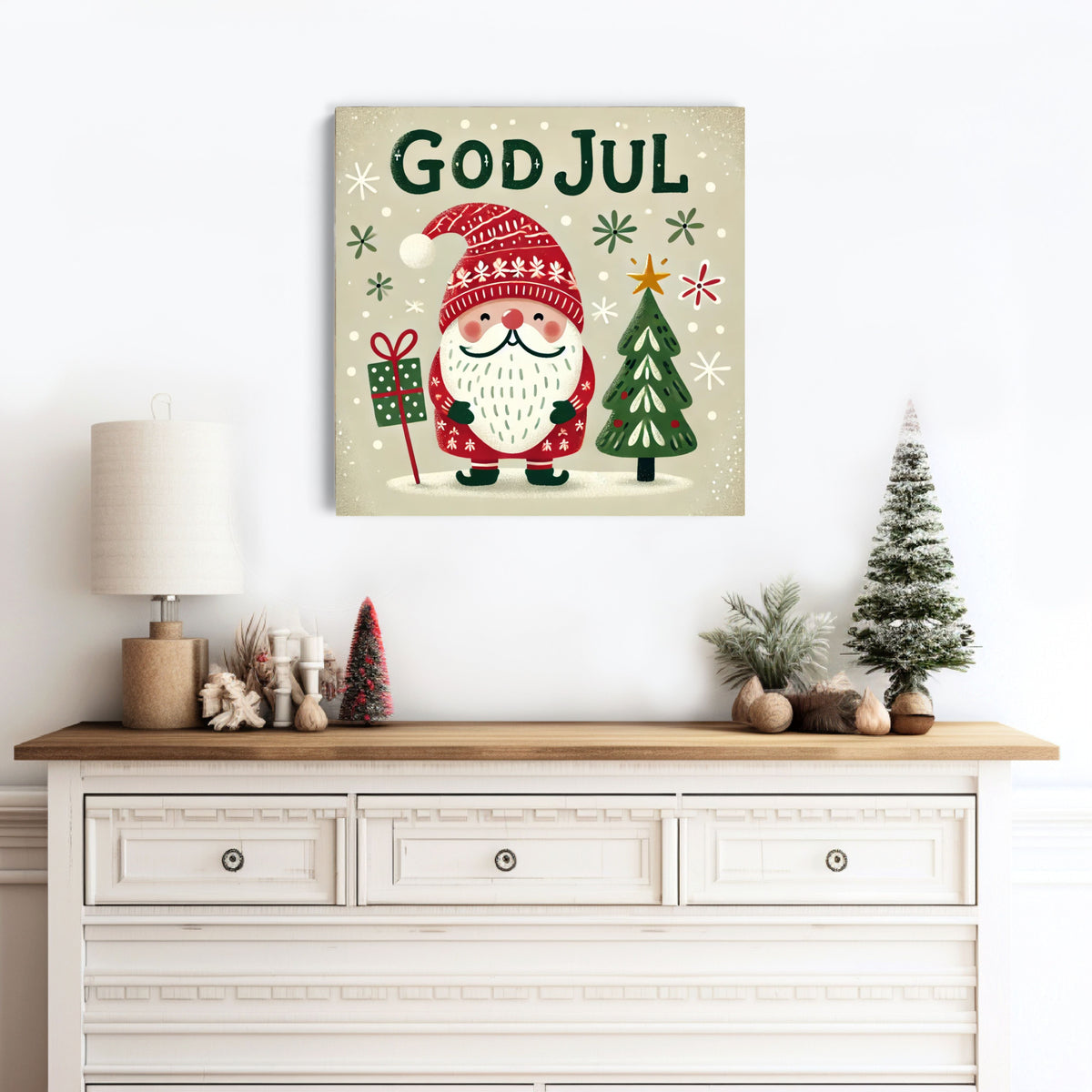 God Jul Scandinavian Christmas Gnome Wall Art