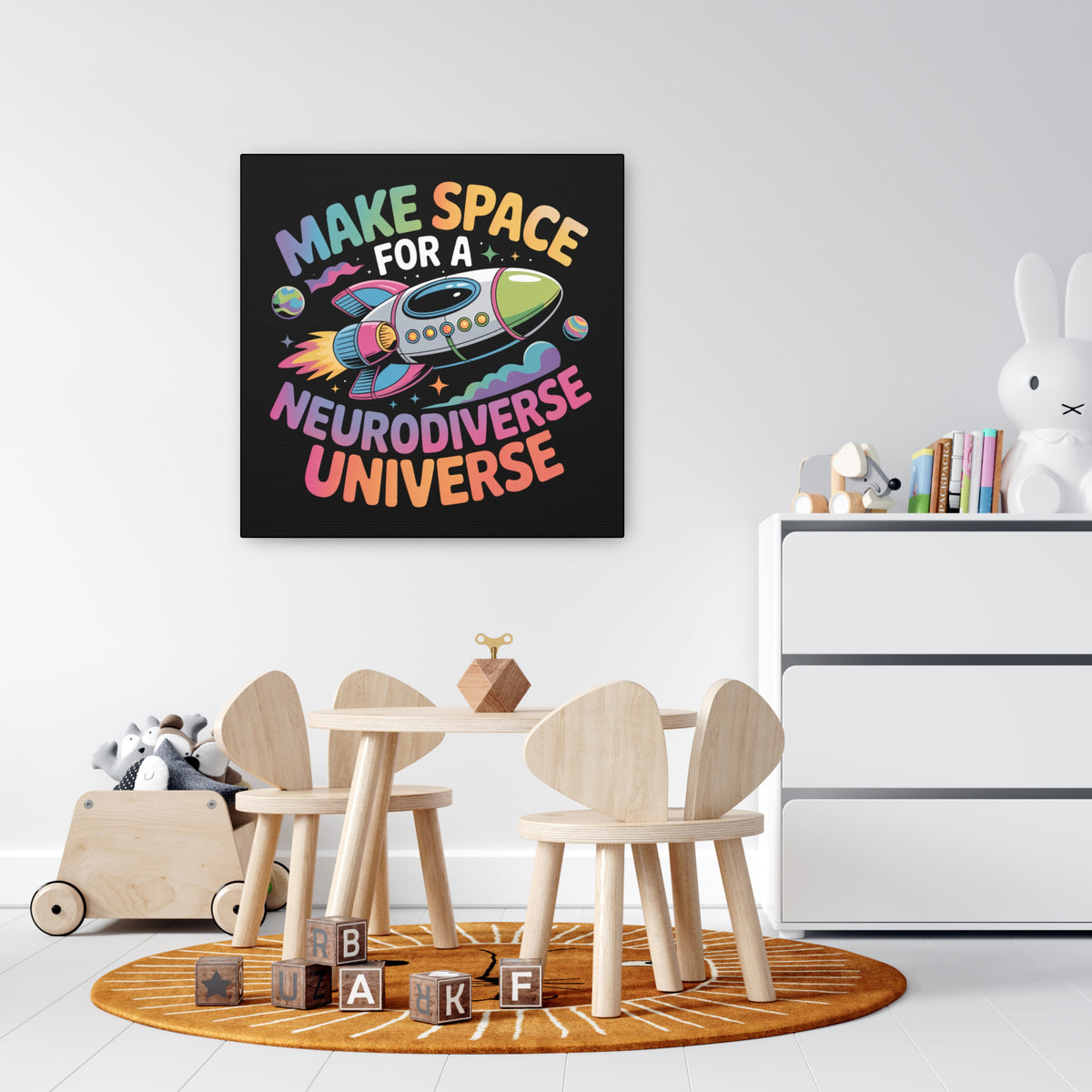 Neurodiverse Universe Canvas Wall Art | Kids Space Rocket Decor | Autism Acceptance Classroom Art