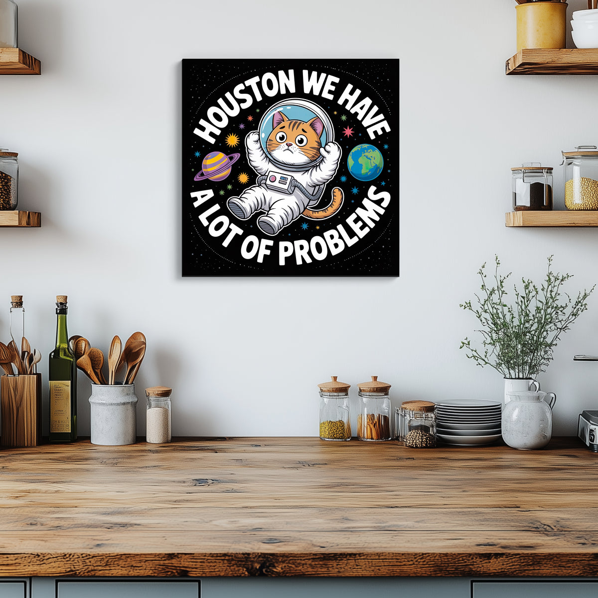 Funny Astronaut Cat Canvas Wall Art 