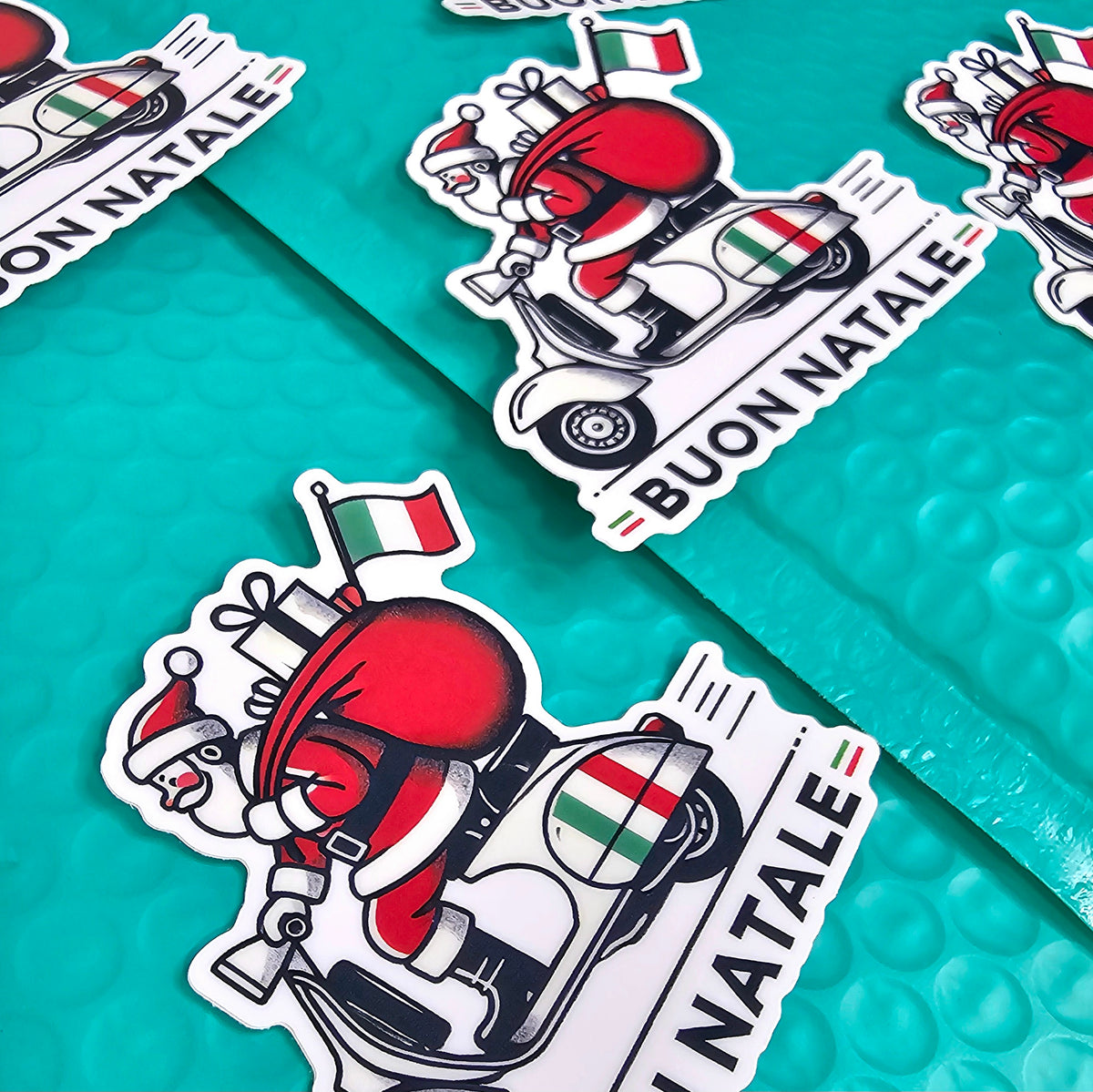 Buon Natale Italian Christmas Sticker Set | Funny Santa Scooter Stickers | Die-Cut Glossy Stickers