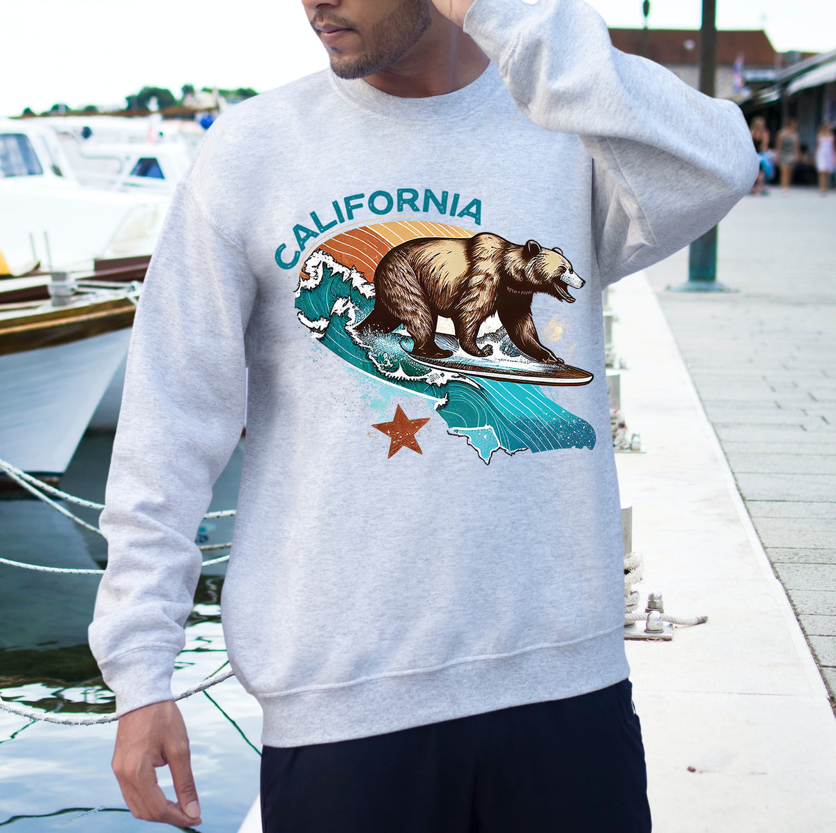 California Bear Surf Shirt | California Beach Bum Shirt | Retro Shirt | California Gifts | Unisex Crewneck Sweatshirt