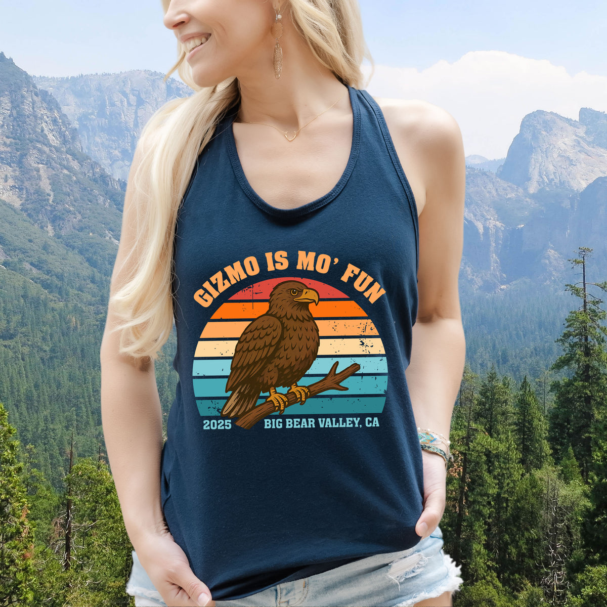 Gizmo Is Mo' Fun Big Bear Bald Eagle Shirt | Navy Blue Racerback Tank top