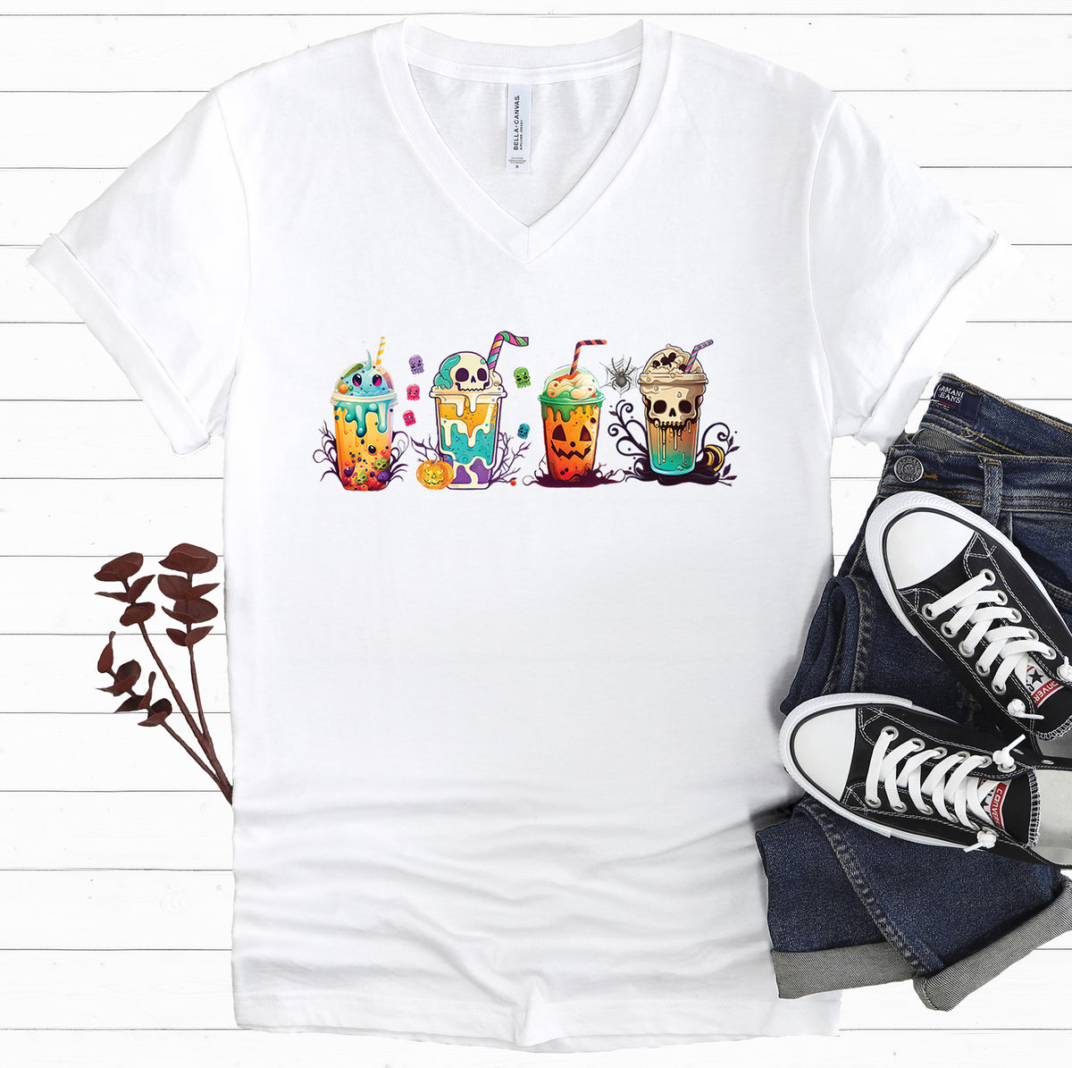 Fall Boba Tea Shirt | Halloween Bubble Tea Shirt | Spooky Halloween Shirt | Bubble Tea Gift For Her | Unisex Jersey V-neck T-shirt