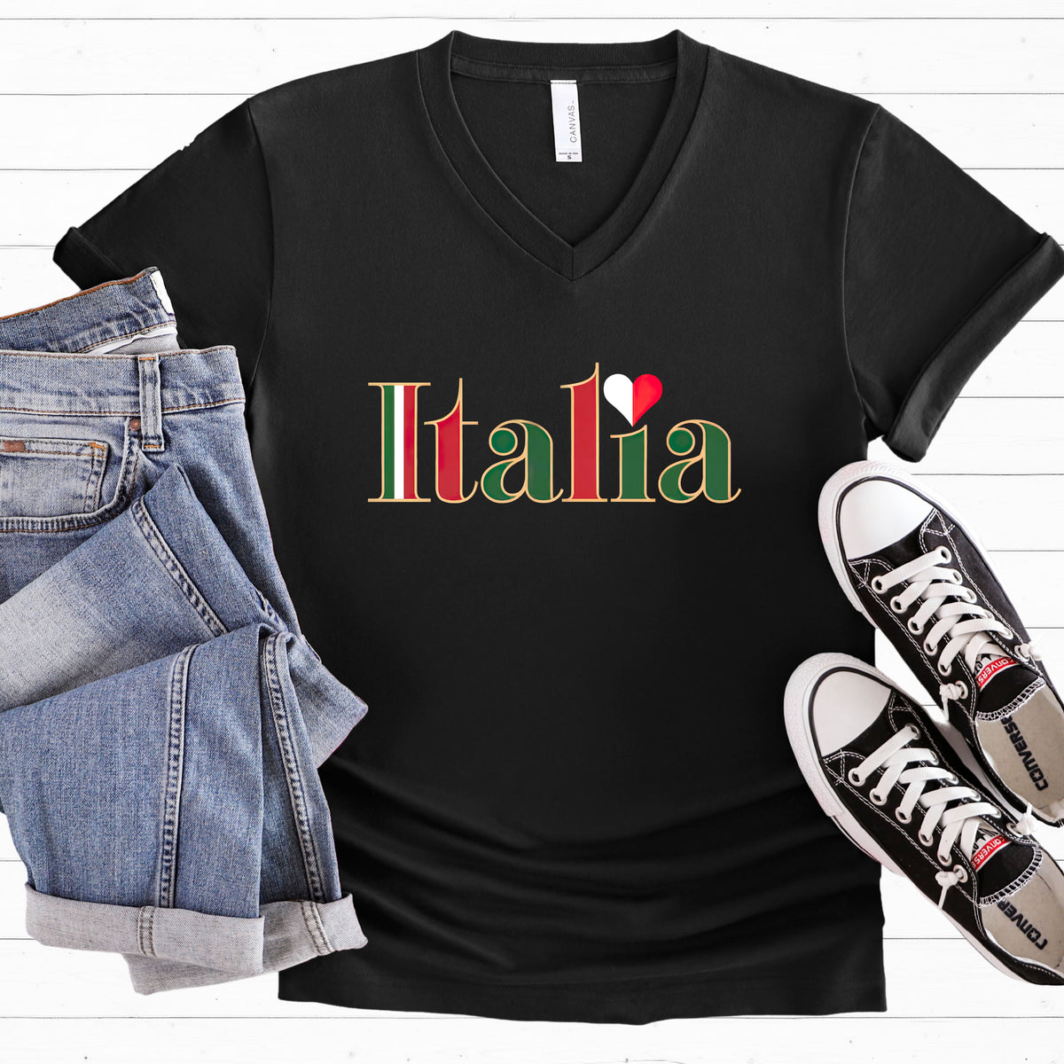 Italia Italy Flag Shirt | Black V-neck T-shirt
