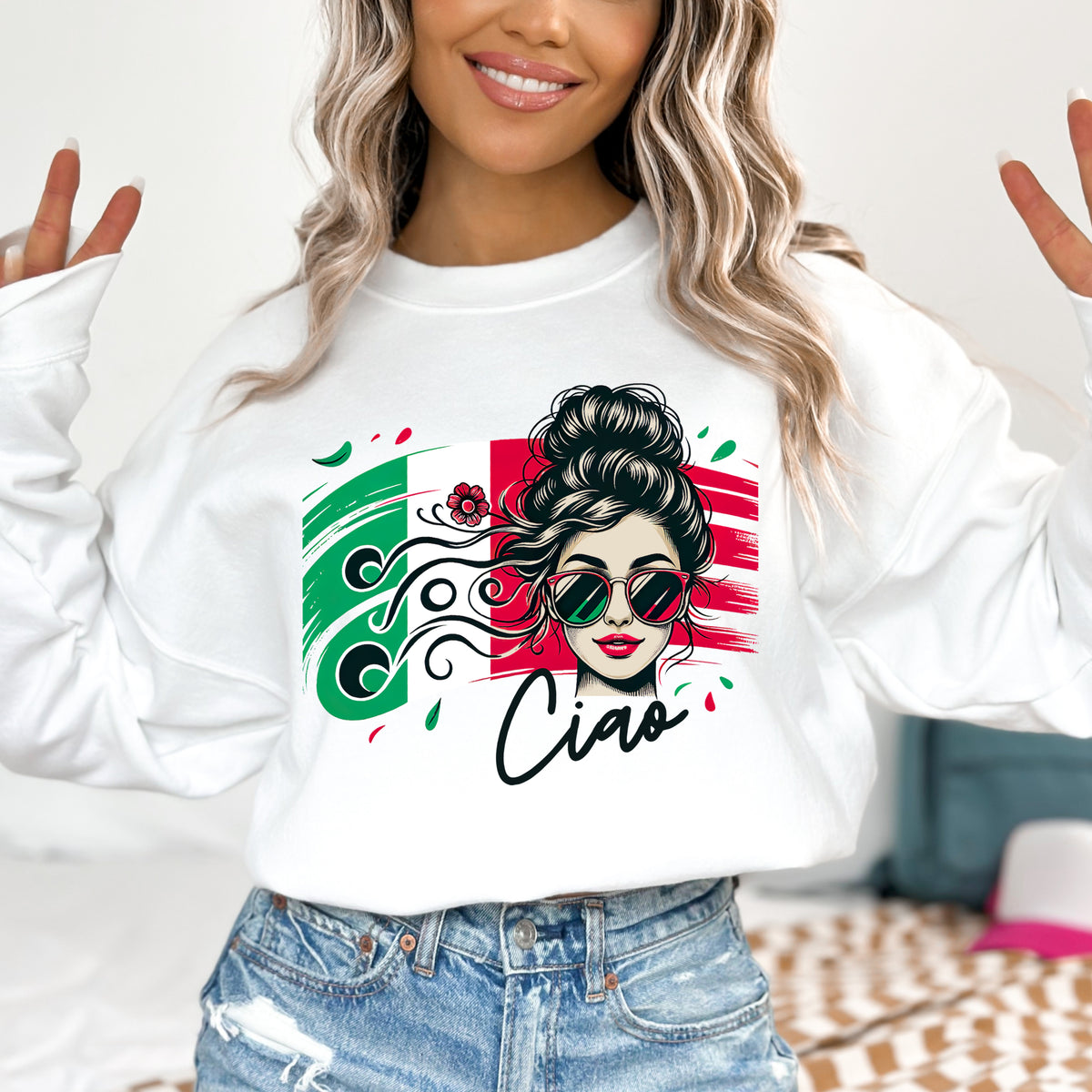 Ciao Italian Girl Cute Italy Trip shirt | Italy Lover T-shirt | Italian Flag Gift | Crewneck Sweatshirt