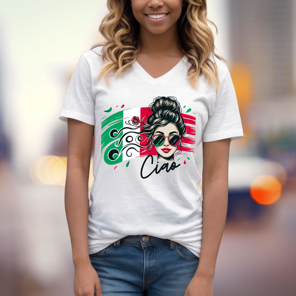 Ciao Italian Girl Cute Italy Trip shirt | Italy Lover Shirt | World Traveler Italian Flag Gift | Unisex Jersey V-Neck T-shirt