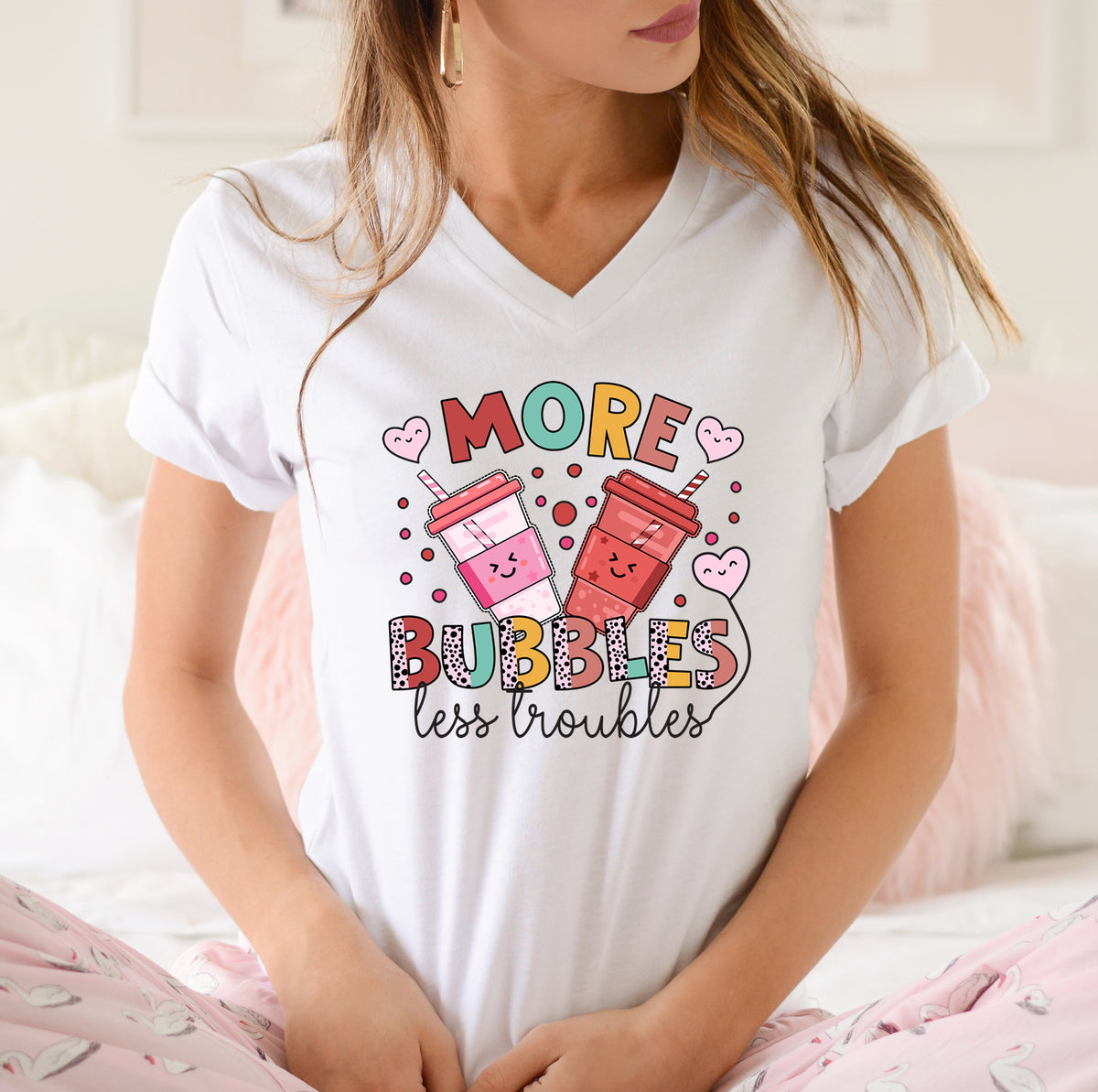 More Bubbles Less Troubles Cute Boba Tea Shirt | Cute Kawaii Shirt Bubble Tea Shirt | Bubble Tea Gift For Her | Unisex Jersey V-Neck T-shirt