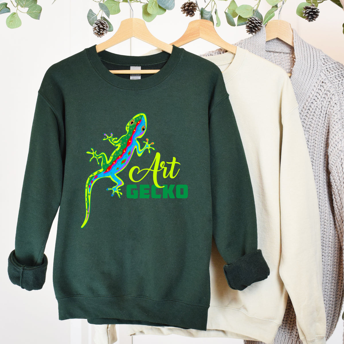 Gecko Lizard Neon Line Art Tropical Shirt  | Forest Green Sweatshirt
