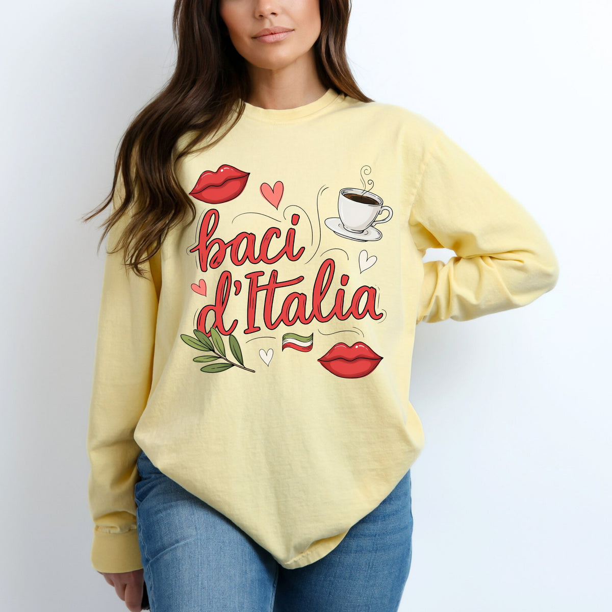 Baci d"Italia Italian Espresso Shirt | Kisses of Italy Travel Gift, Garment-Dyed Long-sleeved T-shirt