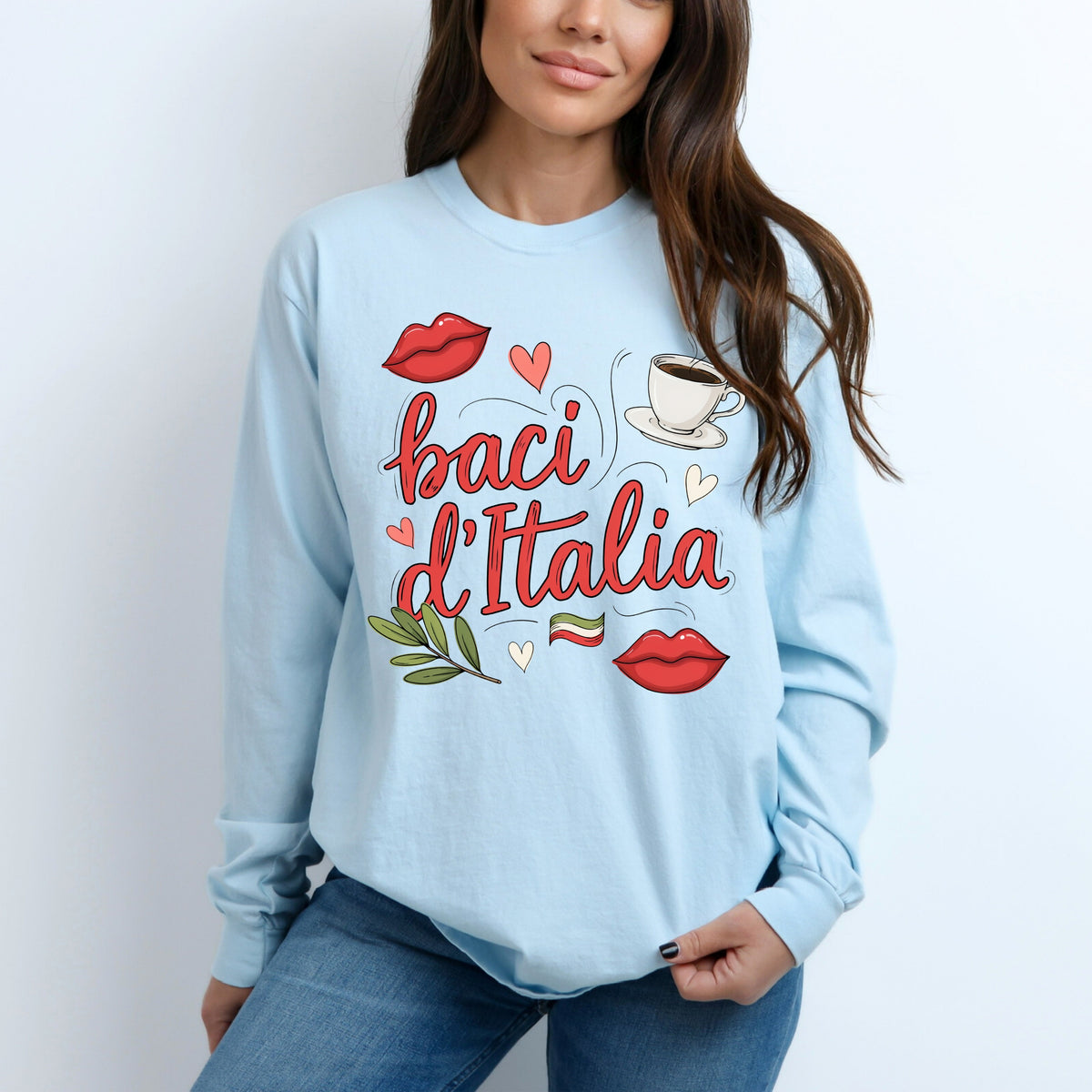 Baci d"Italia Italian Espresso Shirt | Kisses of Italy Travel Gift, Garment-Dyed Long-sleeved T-shirt