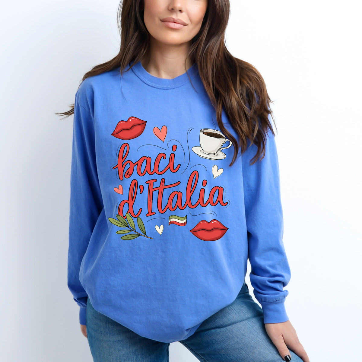 Baci d"Italia Italian Espresso Shirt | Kisses of Italy Travel Gift, Garment-Dyed Long-sleeved T-shirt