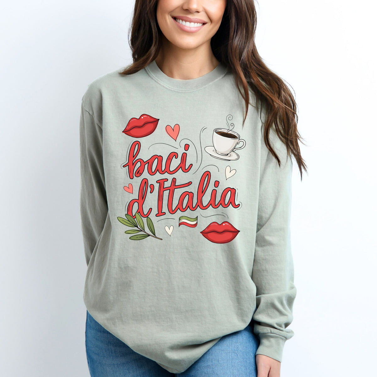 Baci d"Italia Italian Espresso Shirt | Kisses of Italy Travel Gift, Garment-Dyed Long-sleeved T-shirt