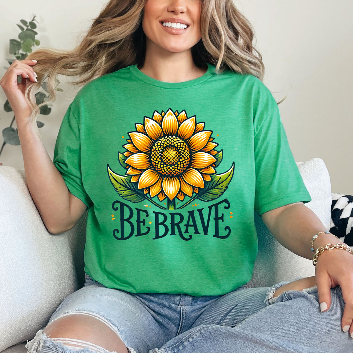 Be Brave Motivational Sunflower Shirt | Irish Green Unisex Jersey T-shirt