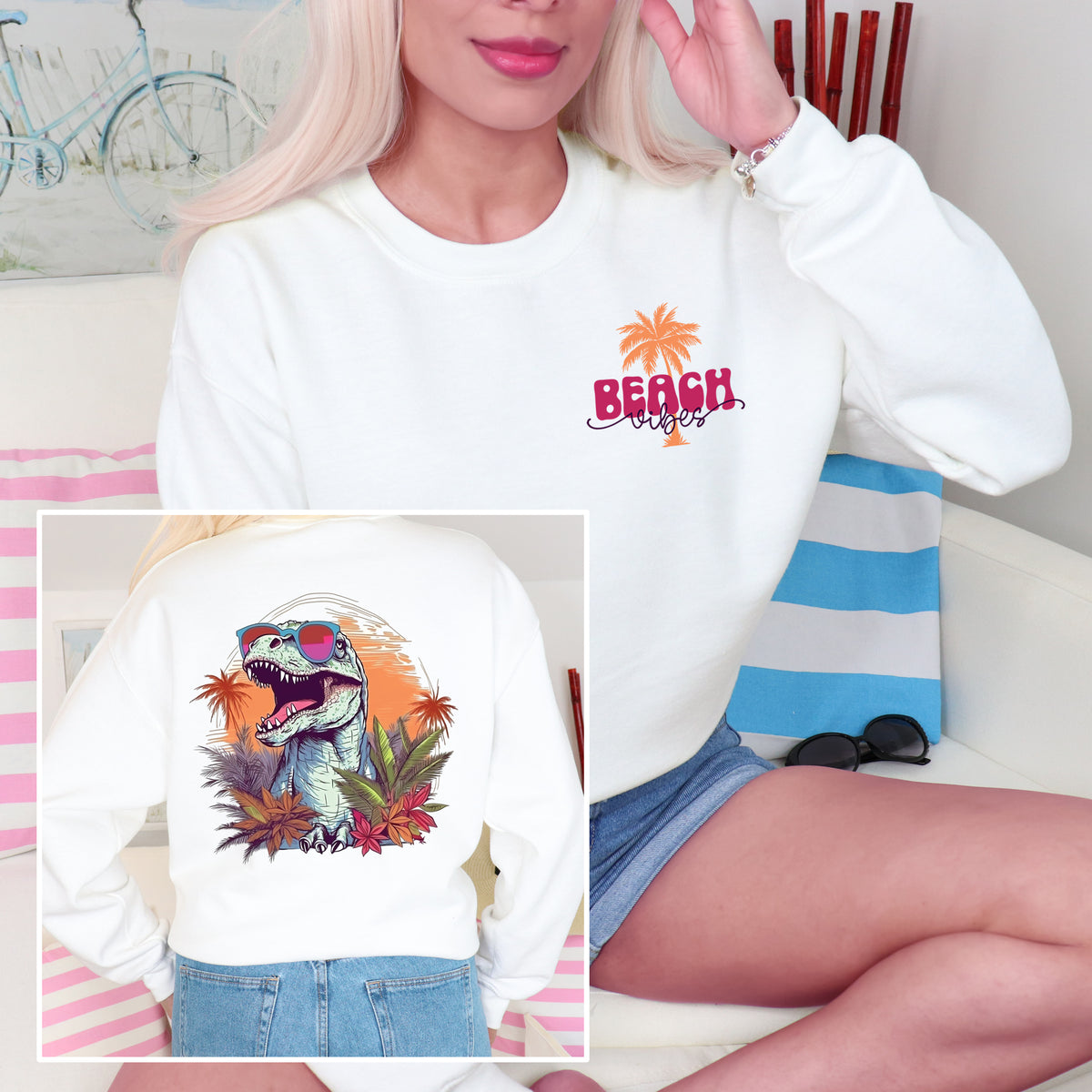 Beach Vibes T Rex Shirt | Funny Dinosaur Shirt | Front and Back Shirt | Tropical Summer Shirt | Pocket Shirt | Unisex Crewneck Sweatshirt