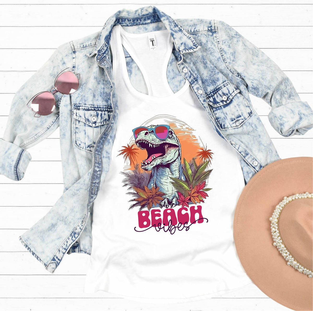 Beach Vibes T Rex Shirt | Funny Dinosaur Shirt | Beach Bum Shirt | Tropical Summer Shirt | Women's Slim-fit Racerback Tank Top