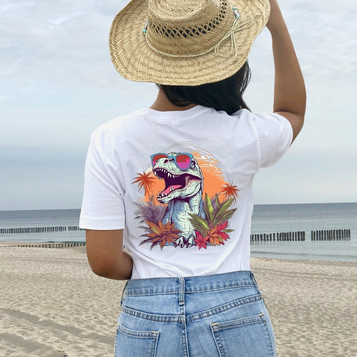 Beach Vibes T Rex Shirt | Funny Dinosaur Shirt | Front and Back Shirt | Tropical Summer Shirt | Pocket Shirt | Unisex Jersey T-shirt