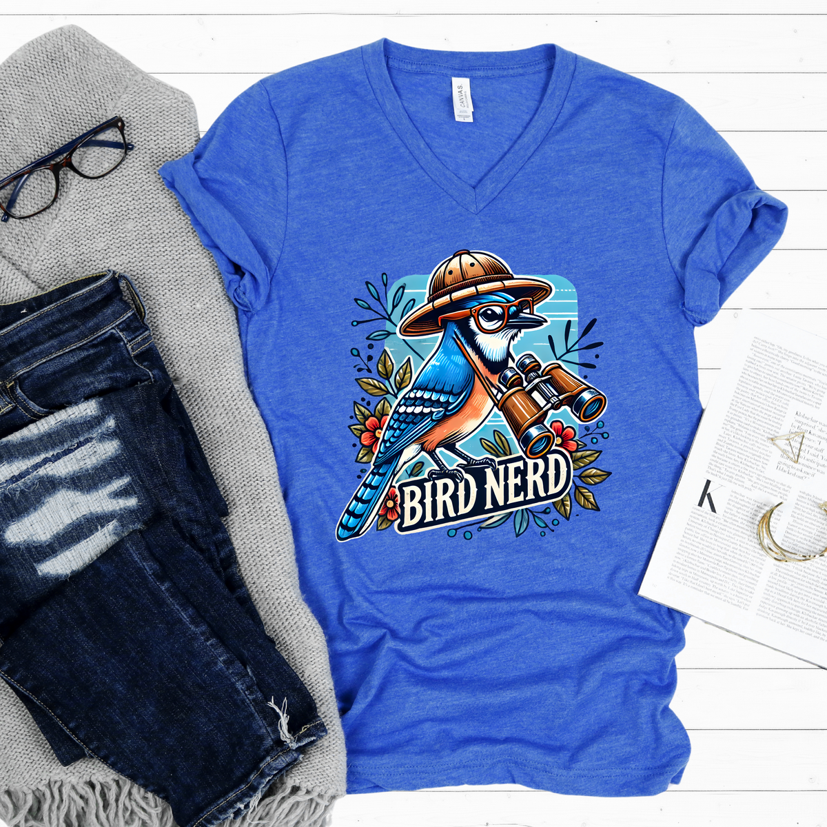 Funny Bird Nerd Blue Jay Shirt | Heather True Royal Unisex Jersey V-neck T-shirt