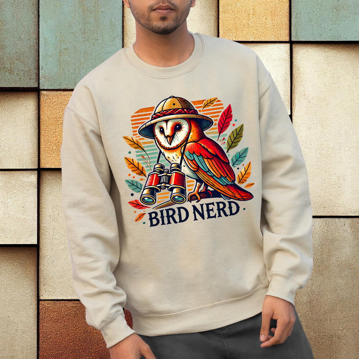 Funny Bird Nerd Owl Shirt  | Sand Crewneck Sweatshirt