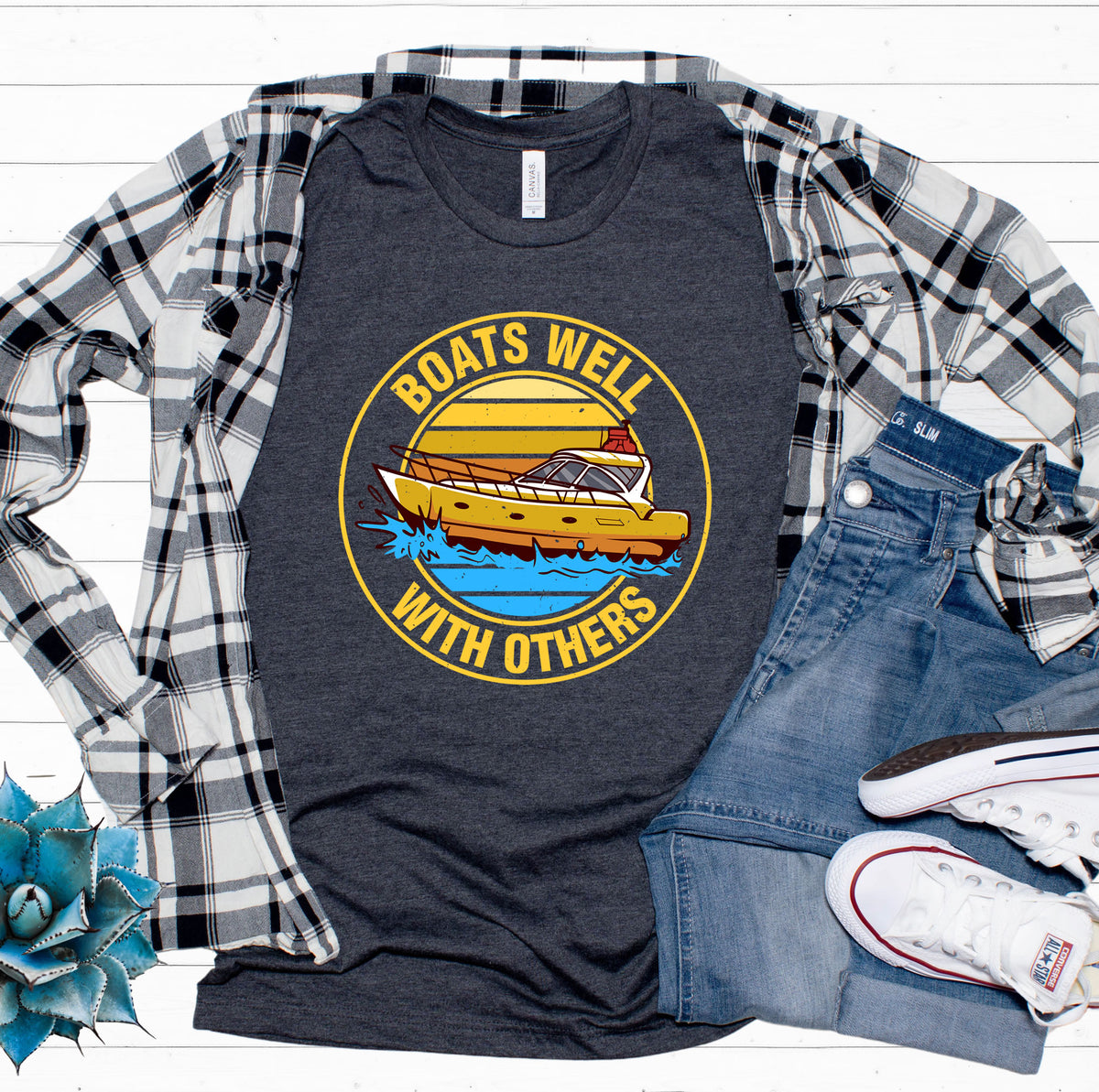 Boats Well With Others Funny Boating Shirt | Heather Dark Grey T-shirt