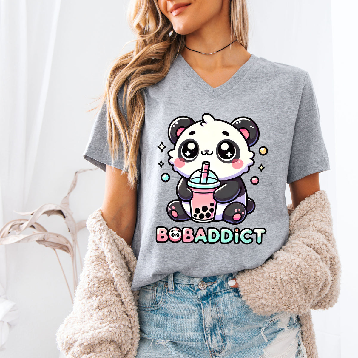 Boba Addict Cute Panda Bear Boba Tea Shirt | Athletic Heather V-neck T-shirt